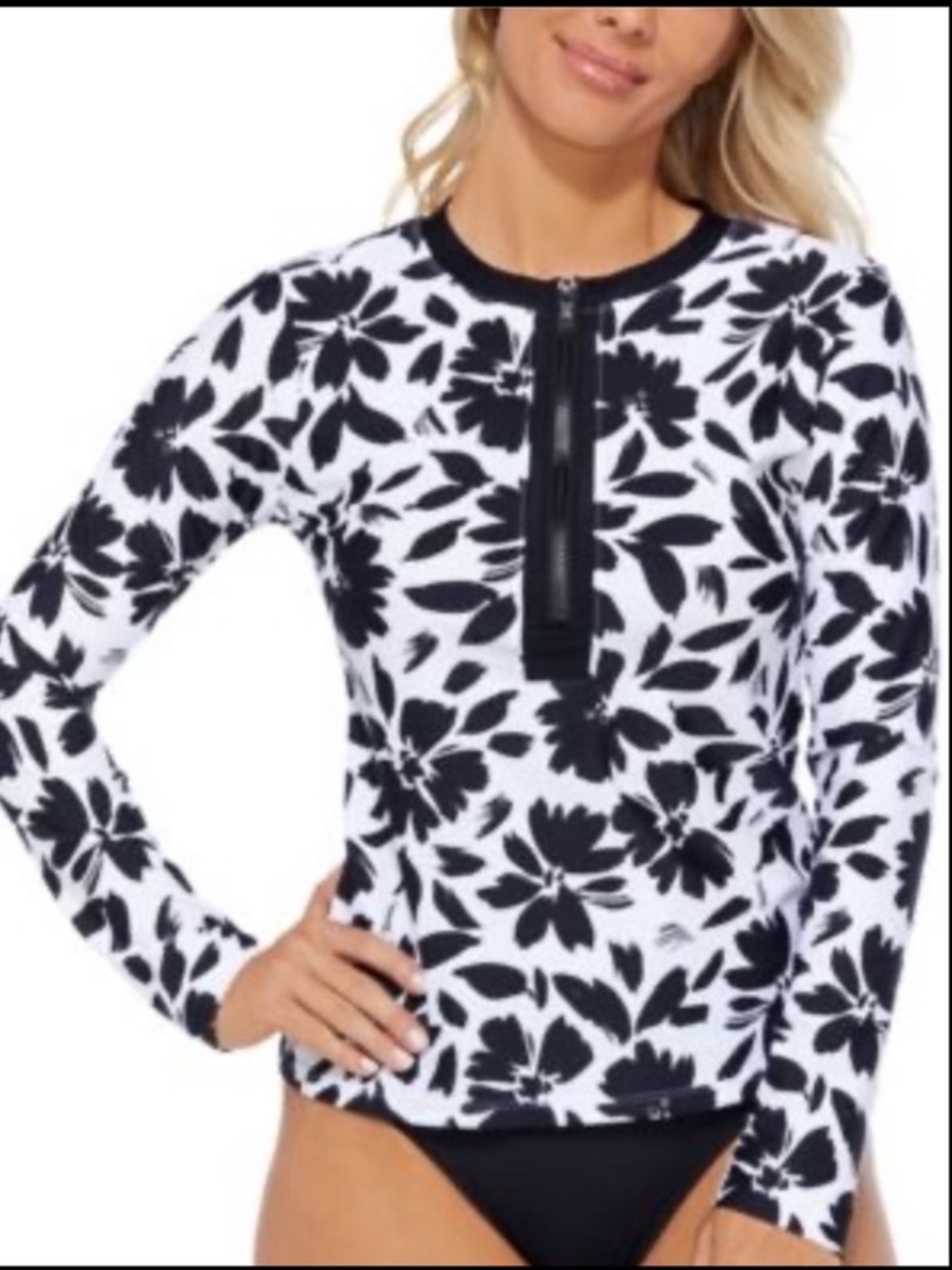 NWT Island Escape Black and White Floral Rash Guard